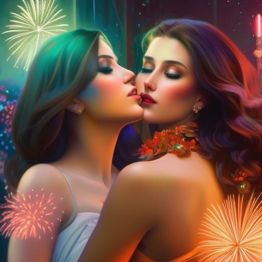 Romantic Kiss Amongst Fireworks: Hyperdetailed Art Portrait