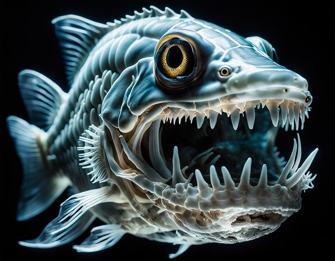 Abyssal Glassfish with Neon Bones in Darkness