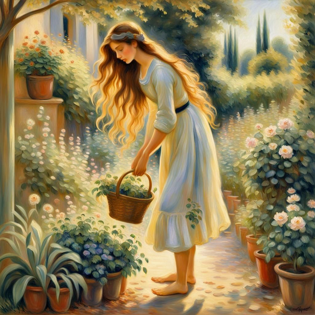 Woman Gardening Barefoot in Impressionist Style