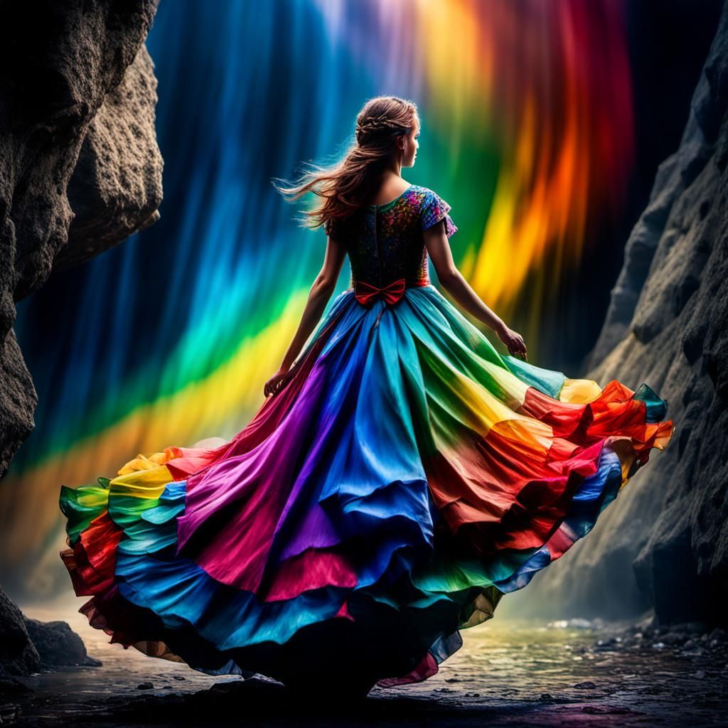 Woman on Cliff with Rainbow and Waterfall