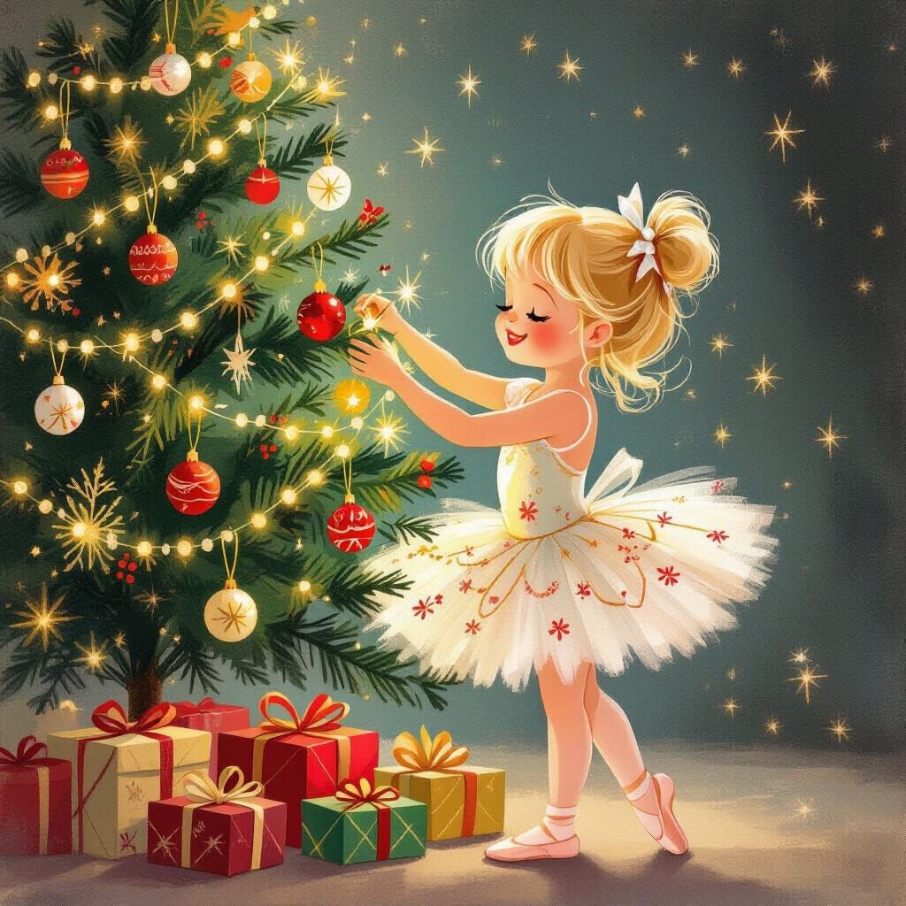 Ballerina Child Decorates Magical Christmas Tree