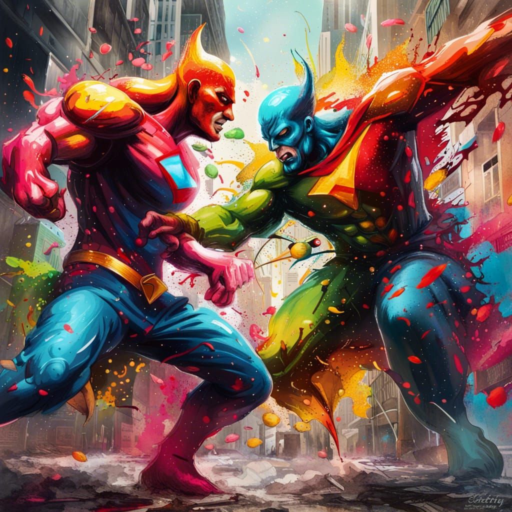 Superhero vs Monster in Graffiti Street Art