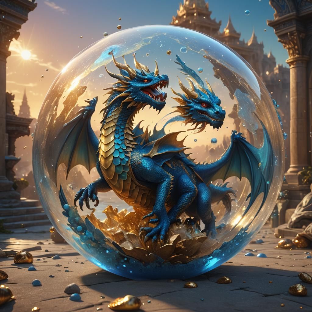 Blue Dragon Trapped in Golden Bubble: Fantasy Art
