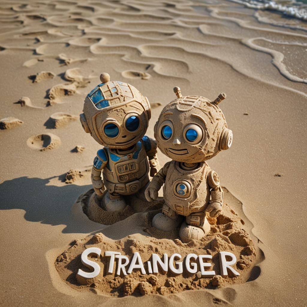 Robotic Camus on Marseilles Beach in Splash Art Style