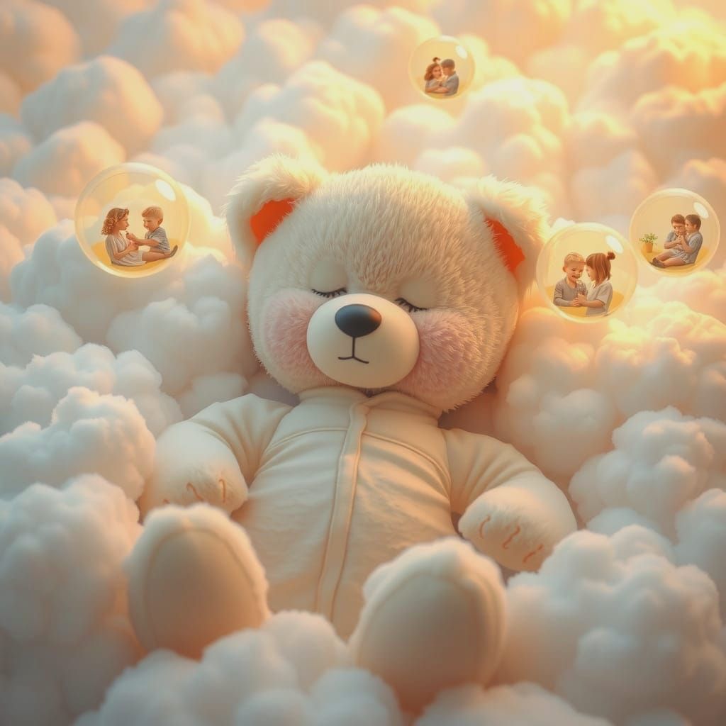 Dreaming Teddy Bear in Heavenly Cloudscape