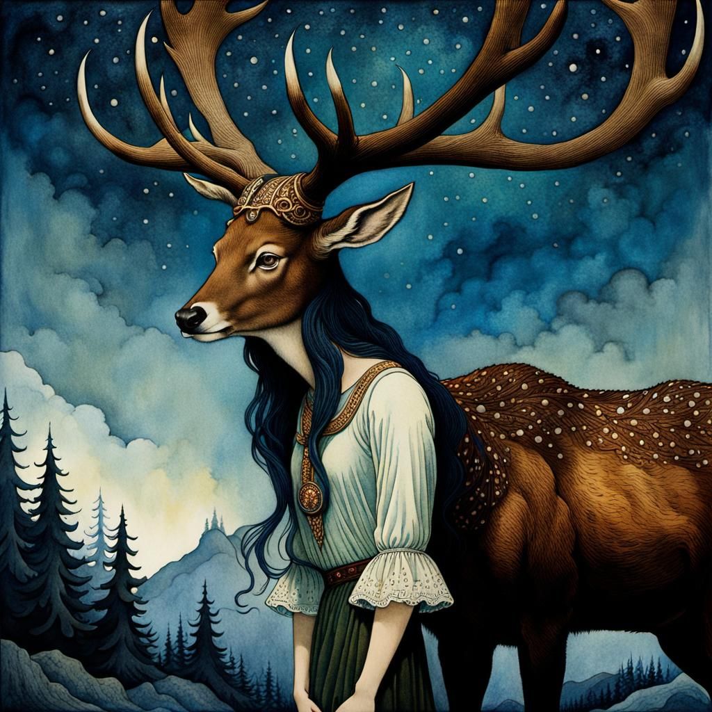Antlered Woman in Detailed Watercolor Style