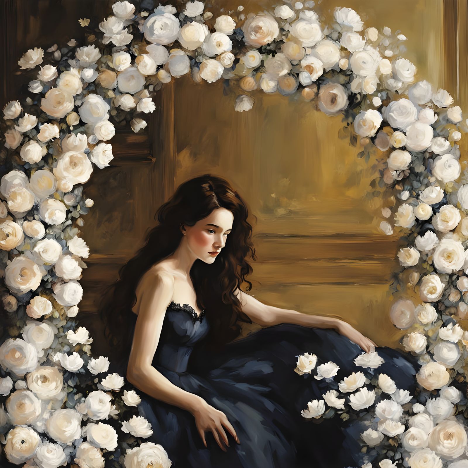 Timeless Oil Painting of a Woman Surrounded by Flowers