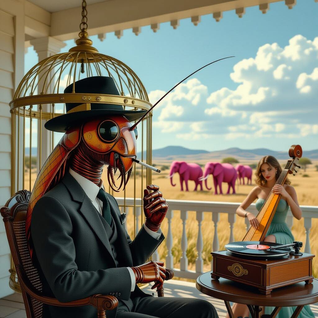 Surreal Roach Man in Bird Cage Over Pink Elephants