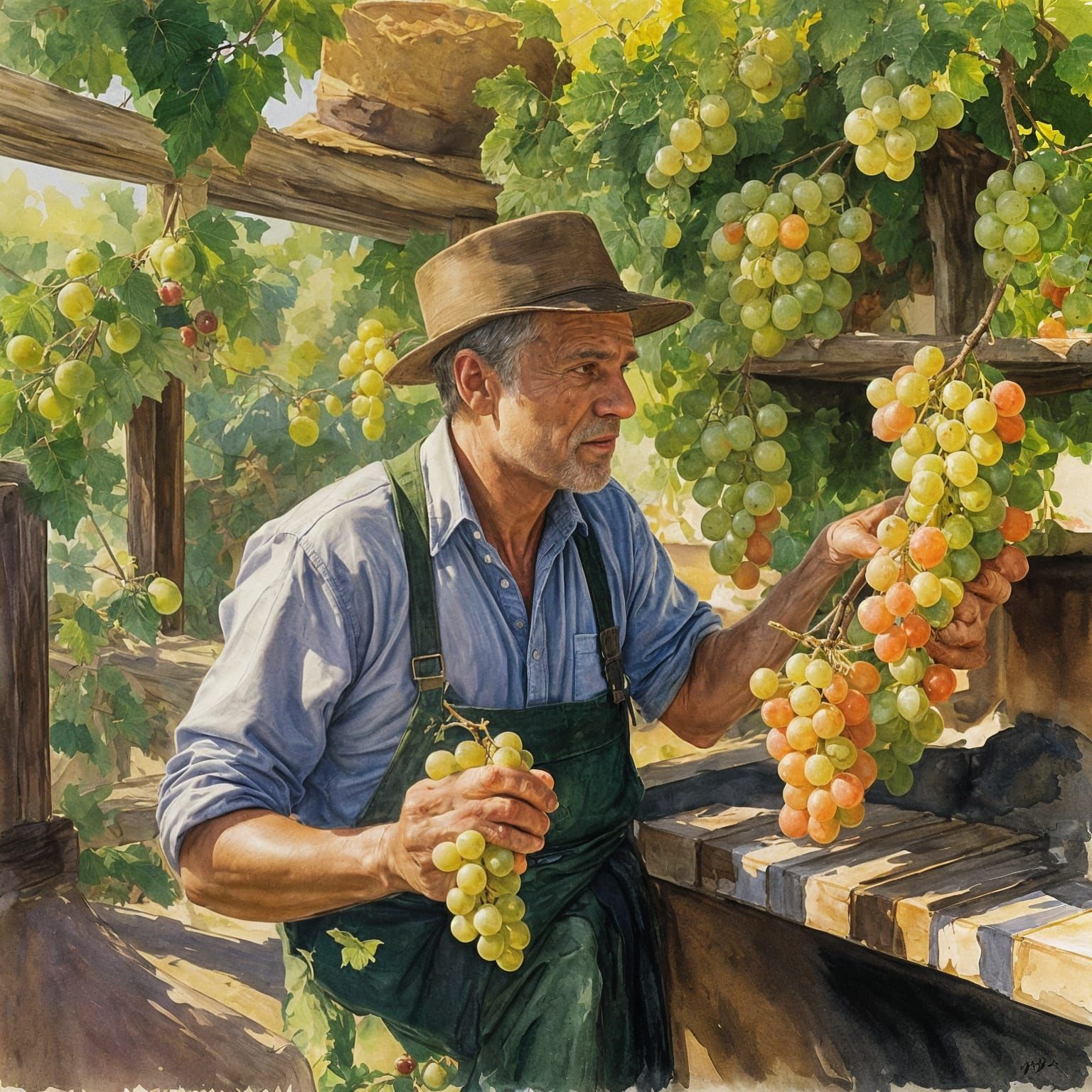 Rough Farmer's Comical Grape Pressing Scene in Impressionist...
