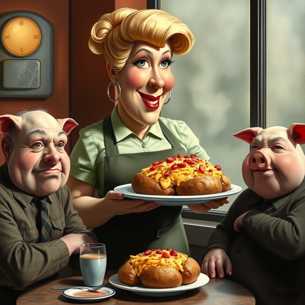 Surreal Cafe Scene of Hefty Waitress Serving Pigs