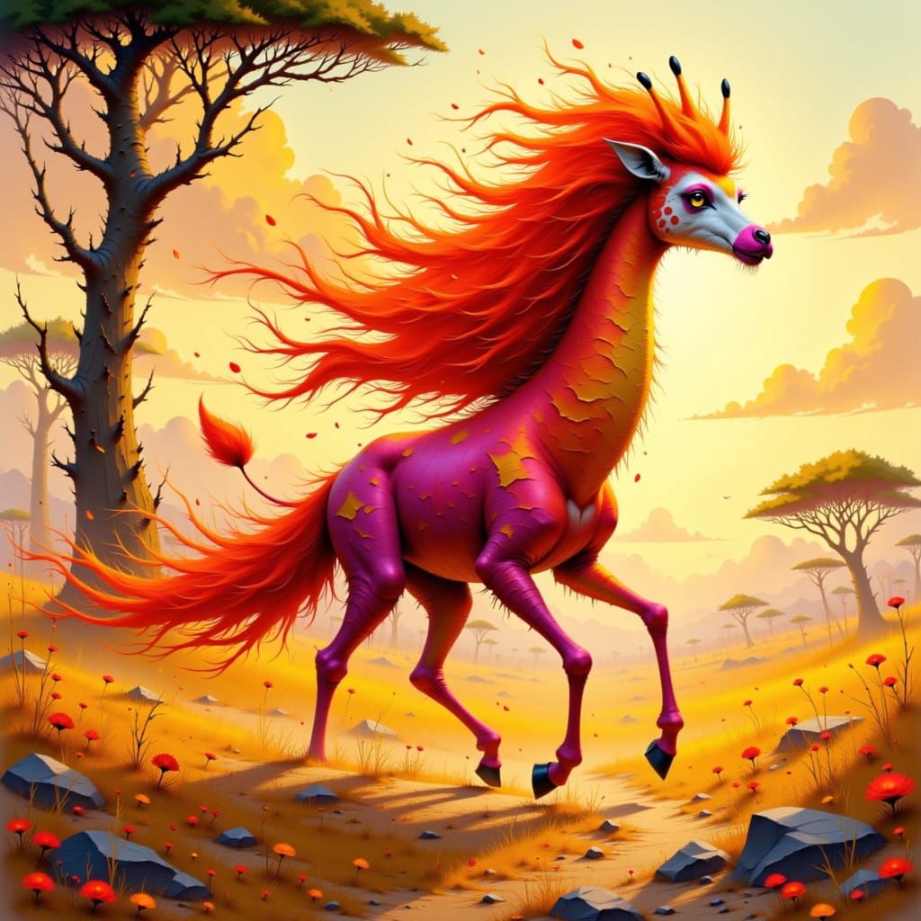 Flamingo-Giraffe Fire Hybrid on Savannah, Digital Art