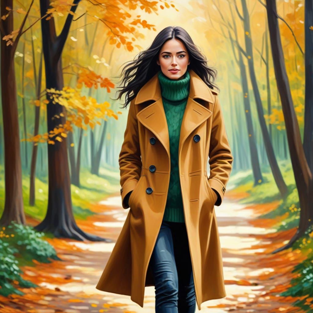 Woman in Camel Coat Walks Through Autumn Woodland Sunshine
