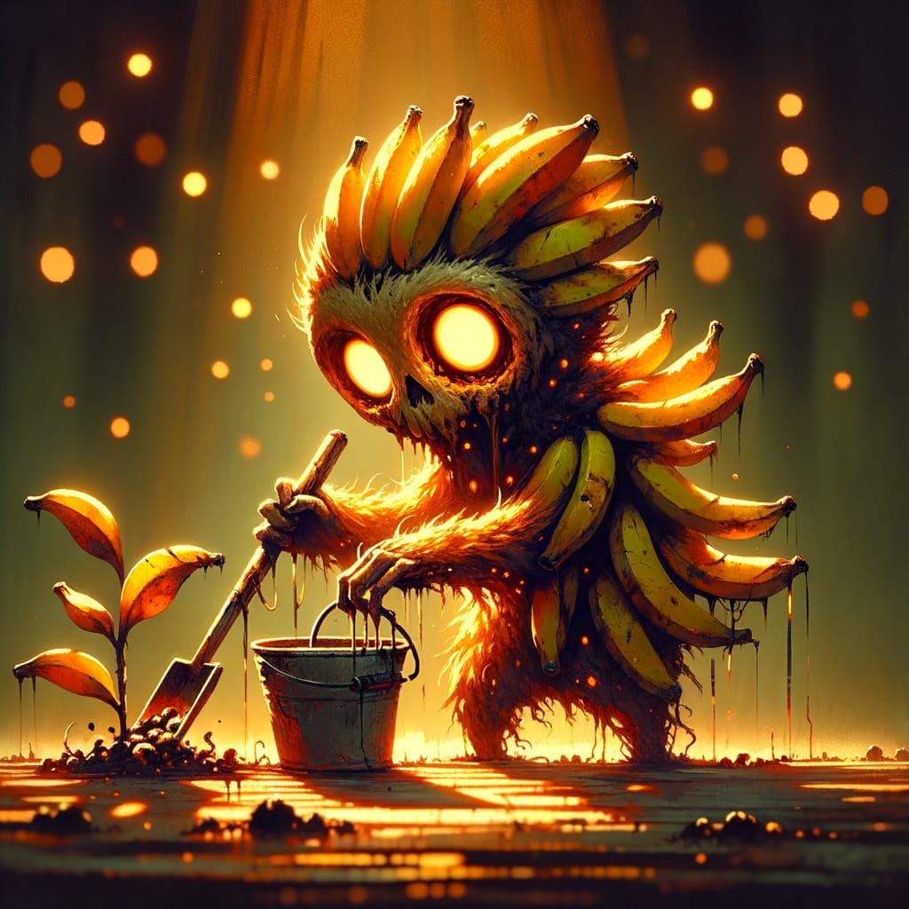 Eerie Banana Creature Gardening in Watercolor Style