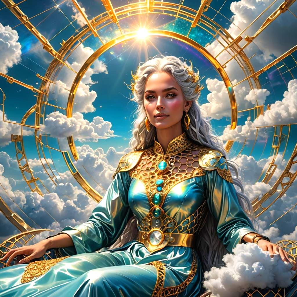Electric God Lounging on Cloud in Futuristic Style