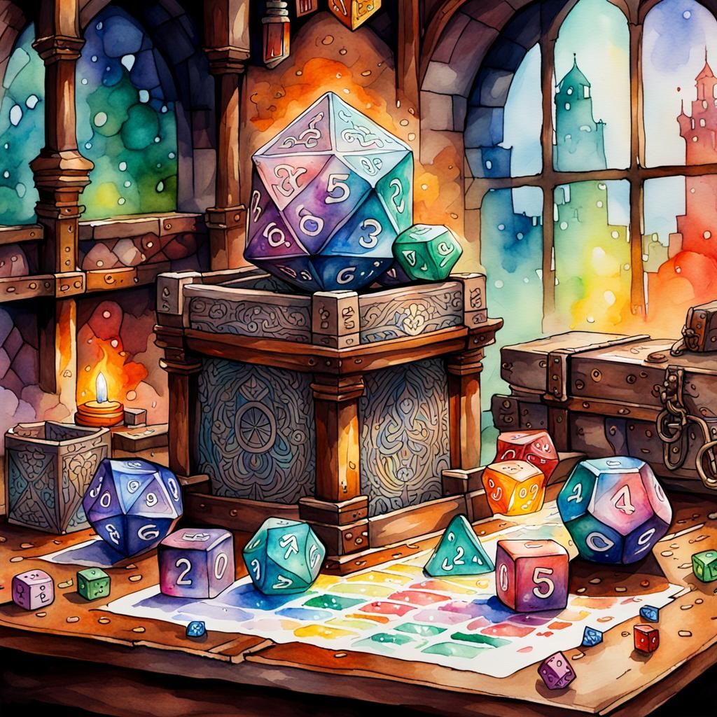 Watercolor Pastel Dice Tower on Mahogany Table