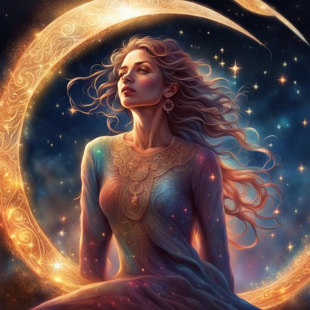 Woman Watching Jeweled Stars and Moon