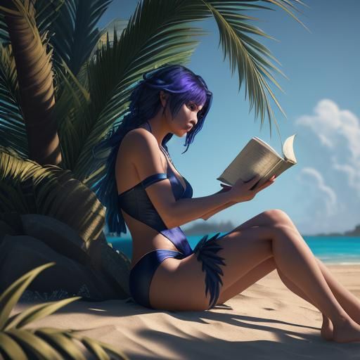 Woman Reading on Beach in 3D Game Cinematic Style