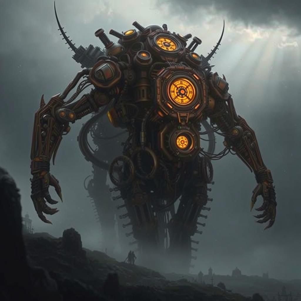 Steampunk Cenobites in Divine Biomechanical Landscape