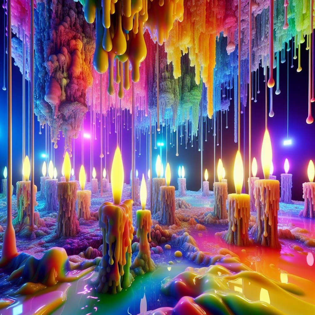 Rainbow Melting Wax Sculpture in Neon Light