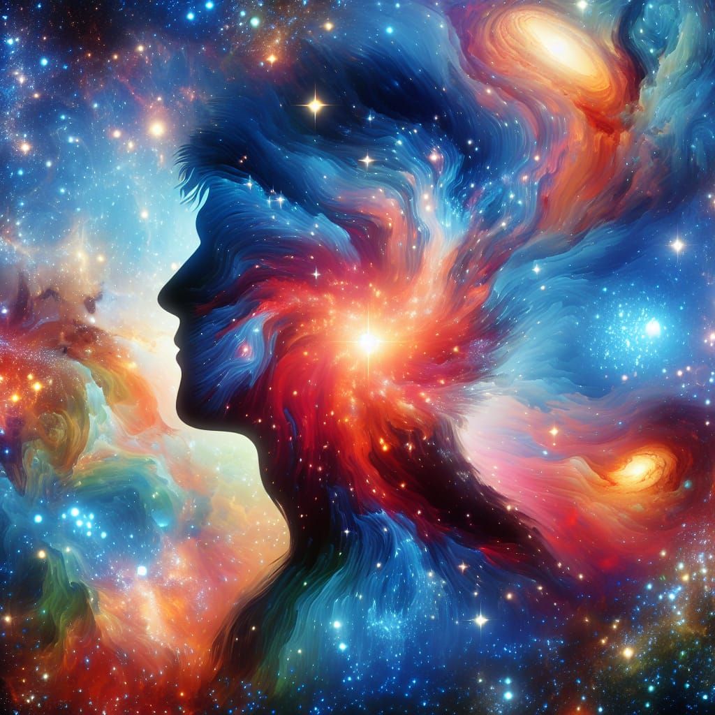 Cosmic Unity: A Person Blends into Vibrant Galactic Backgrou...