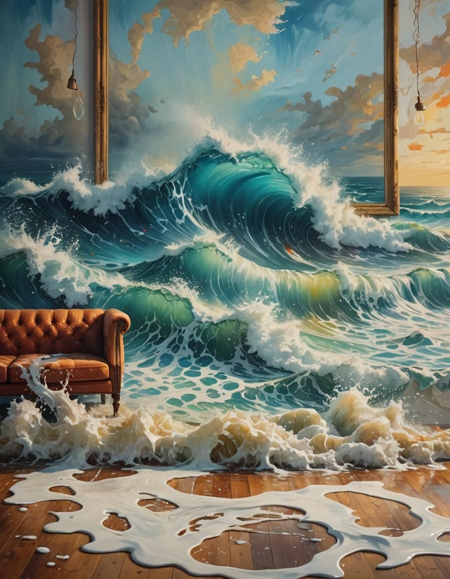 Surreal Ocean Painting Flooding a Living Room