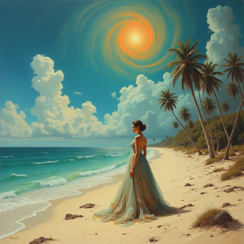 Surreal Woman on Desolate Beach with Melting Clocks