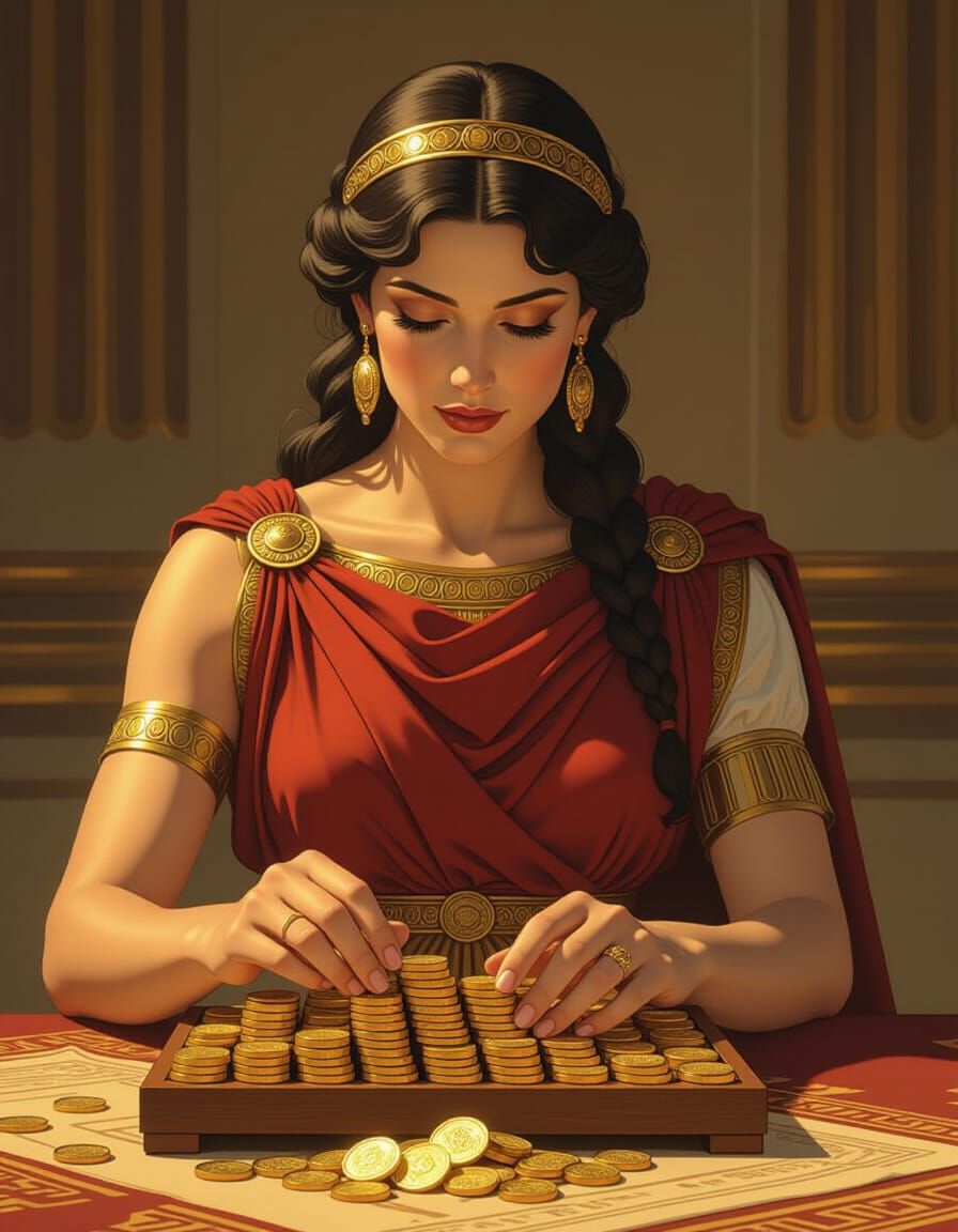 Roman Woman Counts Gold Coins in Dynamic Comic Style