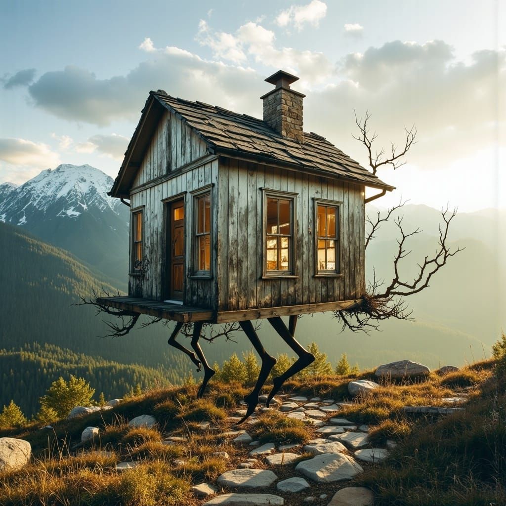 Surreal Walking House Merges with Majestic Mountain Range