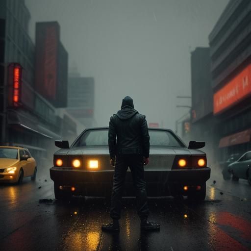 Vigilante in Burning City: Cinematic Film Still