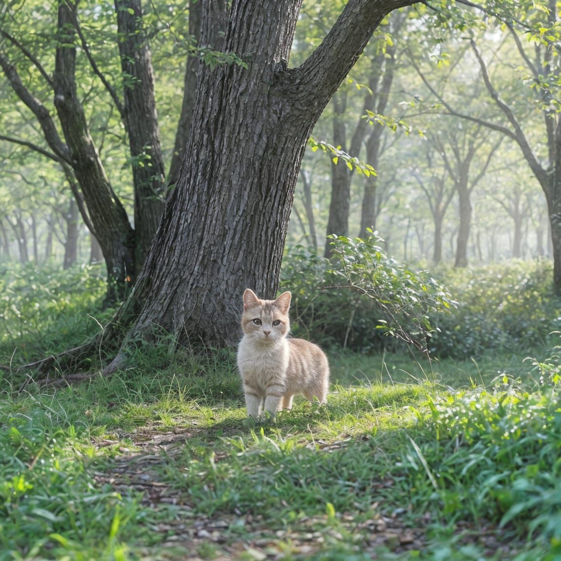 Small Cat Bathed in Divine Forest Sunlight