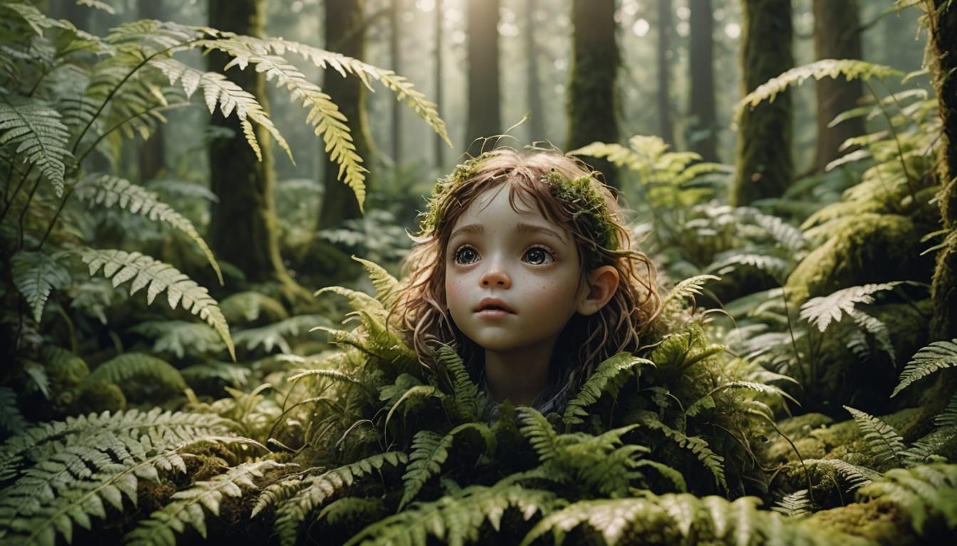 Gentle Monster Cradling Fairy in Misty Forest