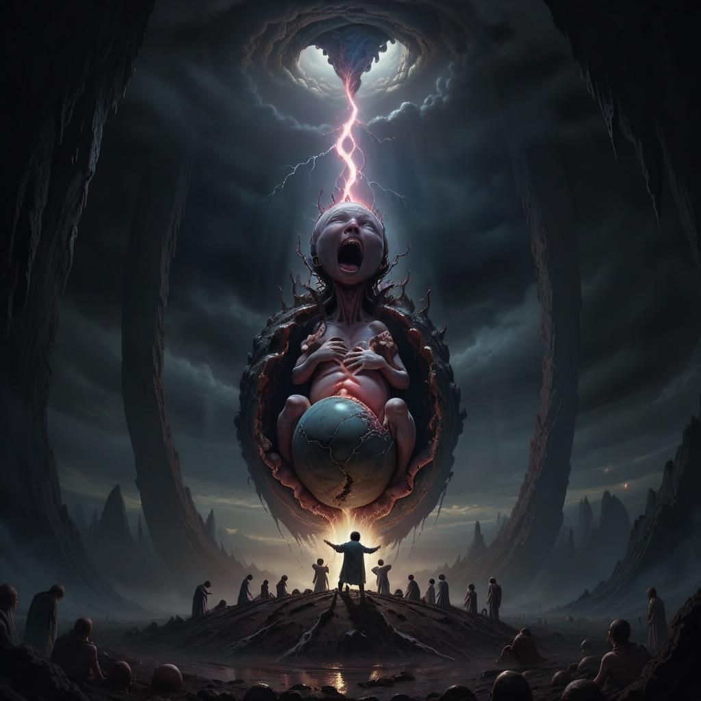 Fetus Emerges from Earth Rift: Dark Fantasy Art