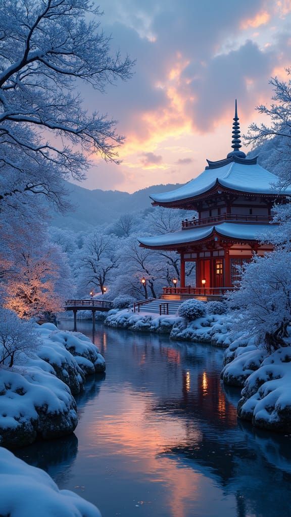 Japanese Temple in Snowy Serenity