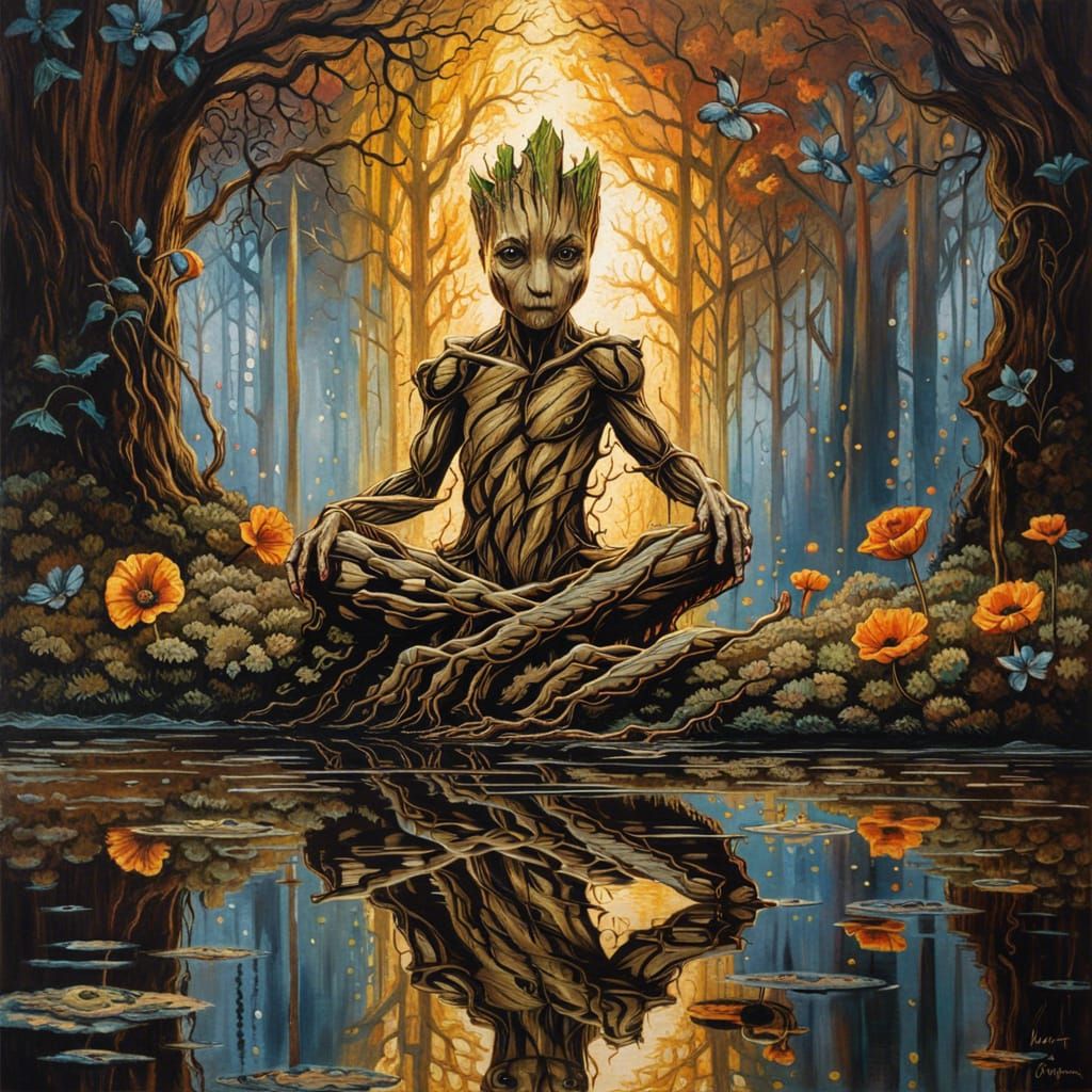 Groot's Mirrored Reflection: Lace Art in Dark Fantasy
