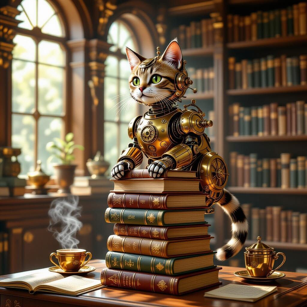 Steampunk Robot Cat in Cozy Art Nouveau Library