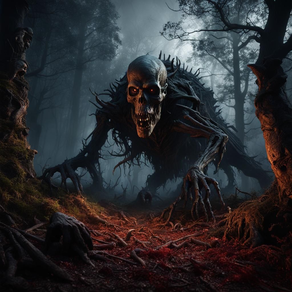 Terrifying Evil Dead Creature in Foggy Graveyard