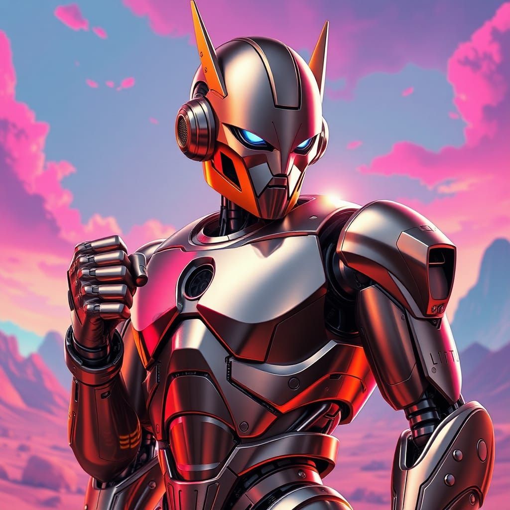 Heroic Goldorak Robot in Psychedelic Sci-Fi Landscape