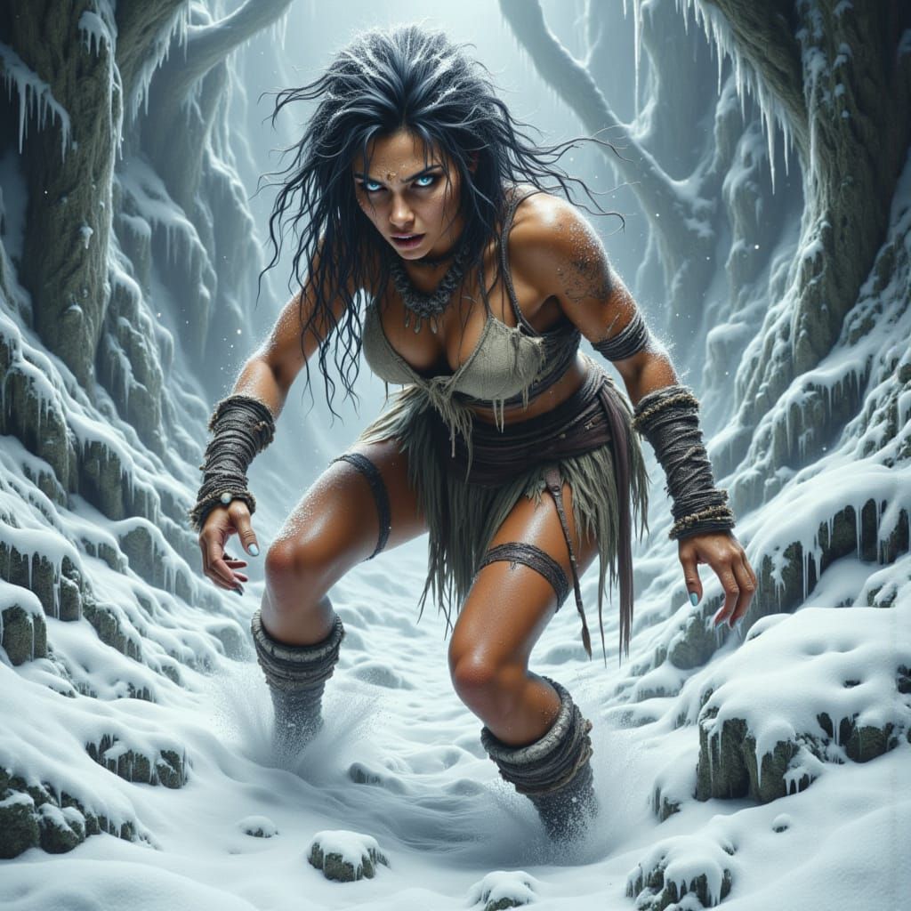 Cavewoman Fights Blizzard Storm