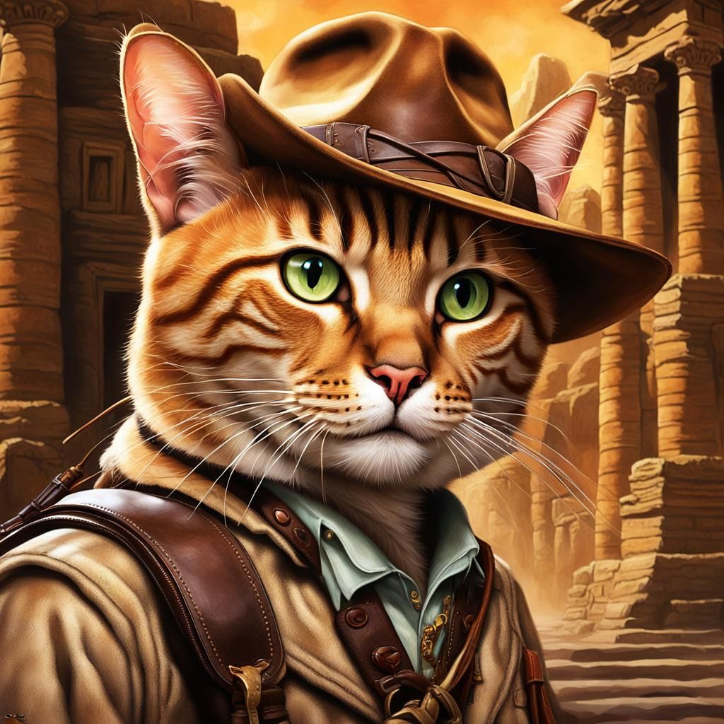Indiana Jones Cat Portrait in Detailed Digital Art