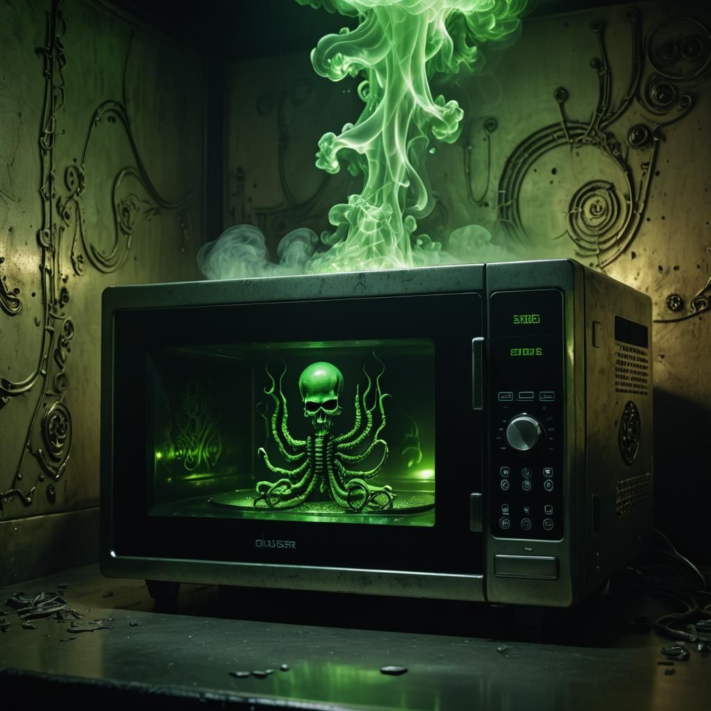 Cursed Microwave in Surreal Dark Fantasy Style