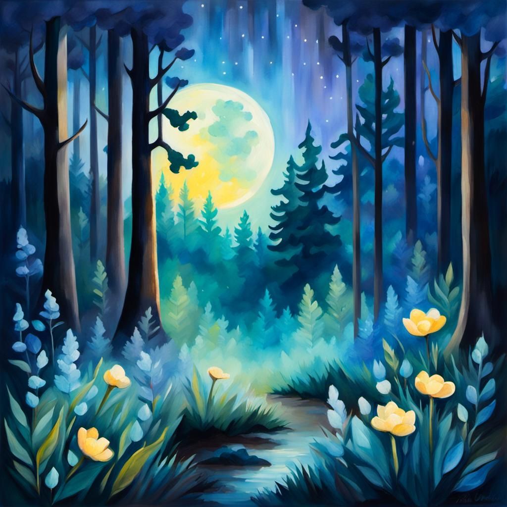 Moonlit Forest with Bioluminescent Flowers in Gouache Style