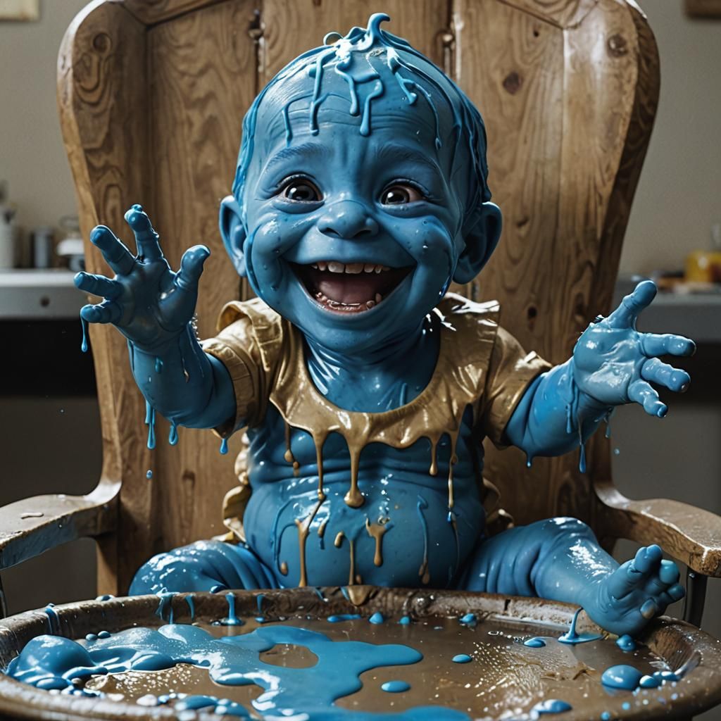 Joyful Baby Covered in Blue Goo: Cinematic Still