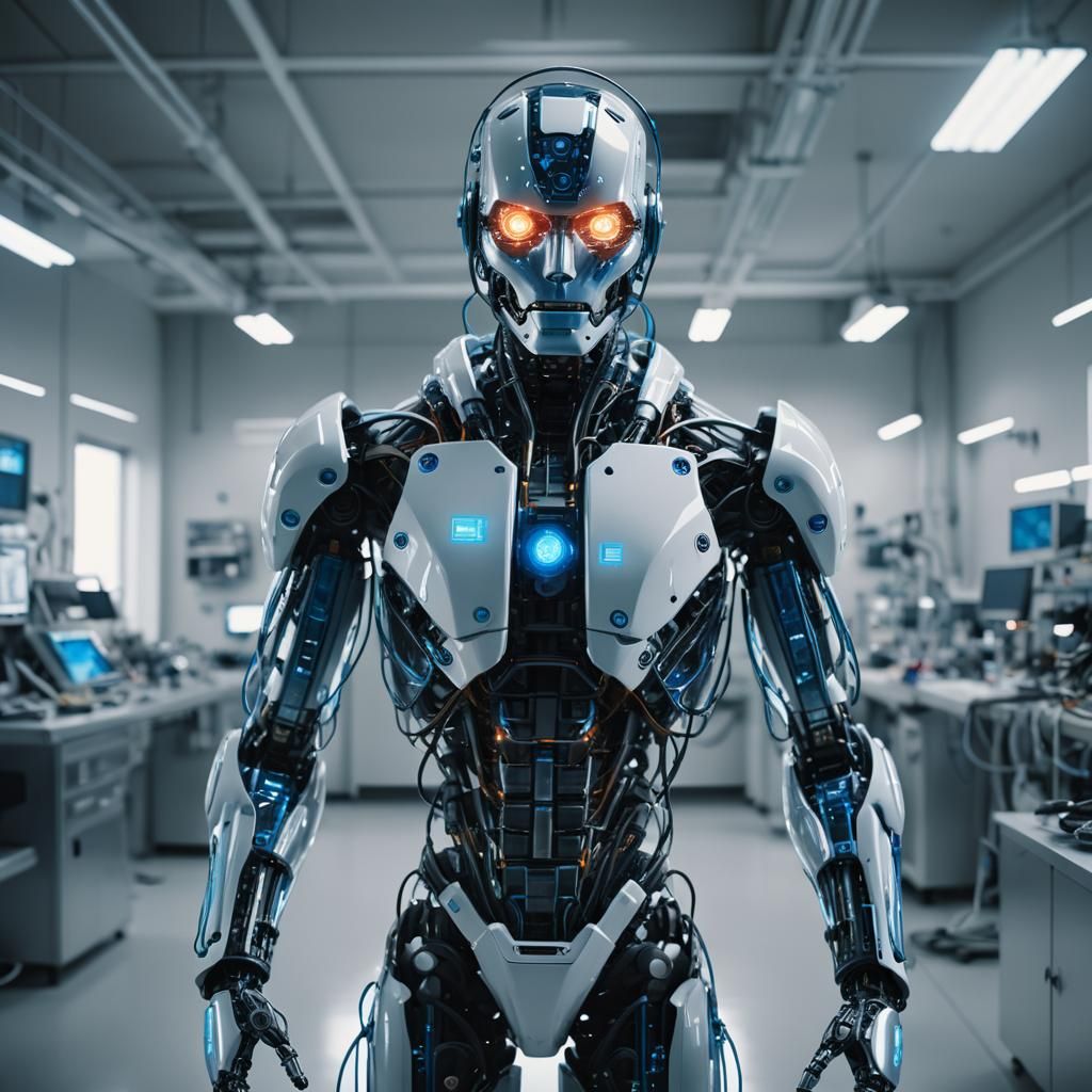 Humanoid Robot in High-Tech Lab: Cinematic Film Still