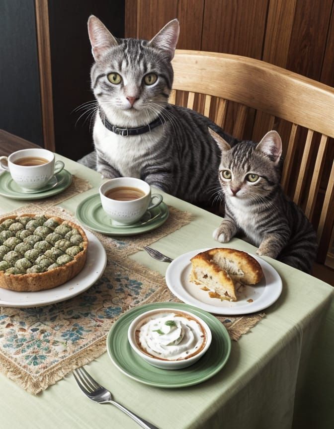Mother Cat and Kitten Share Whimsical Tea Party