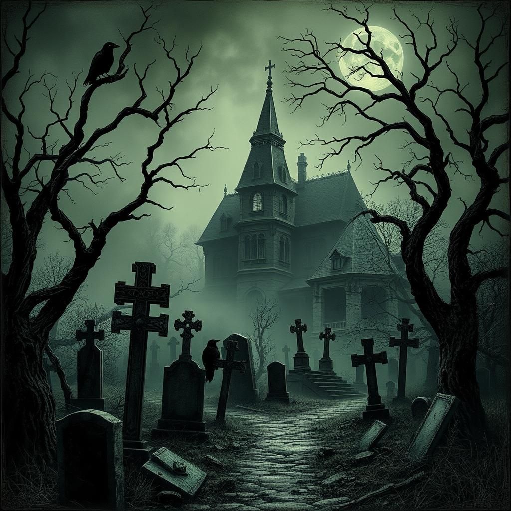 Creepy Victorian Mansion in Misty Graveyard