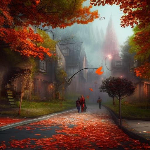 Autumn Leaves Fall in Detailed Matte Painting