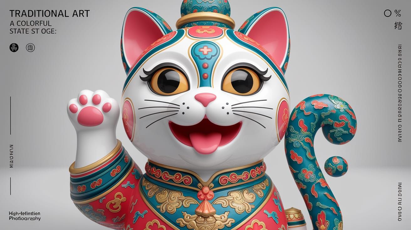Vibrant 3D Cat Statue in Traditional Chinese Art Style