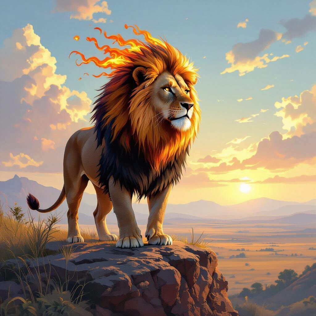 Flaming Lion Overlooking Savanna in Digital Painting Style