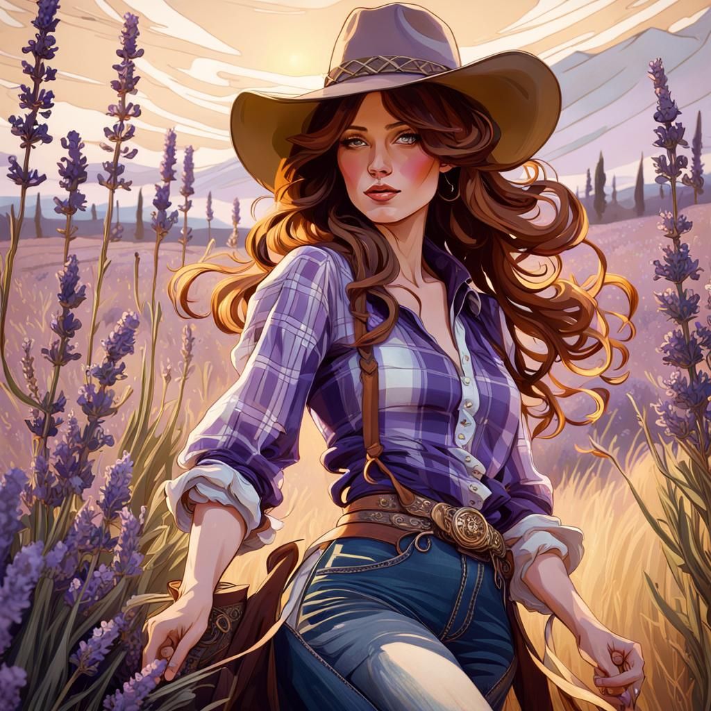 Cowgirl in Lavender Field, Art Nouveau Style