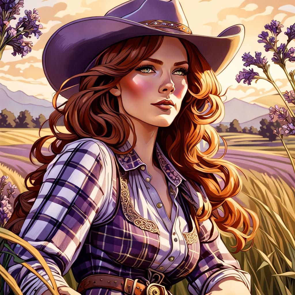 Art Nouveau Cowgirl in Lavender Field Portrait